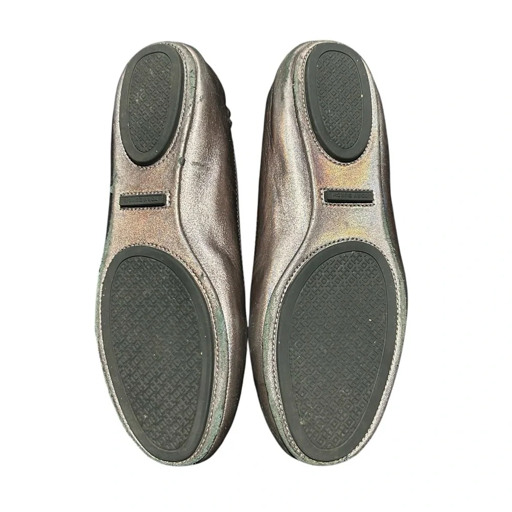 Tory Burch Gunmetal Minnie Travel Ballet Flats with Logo - Size 8